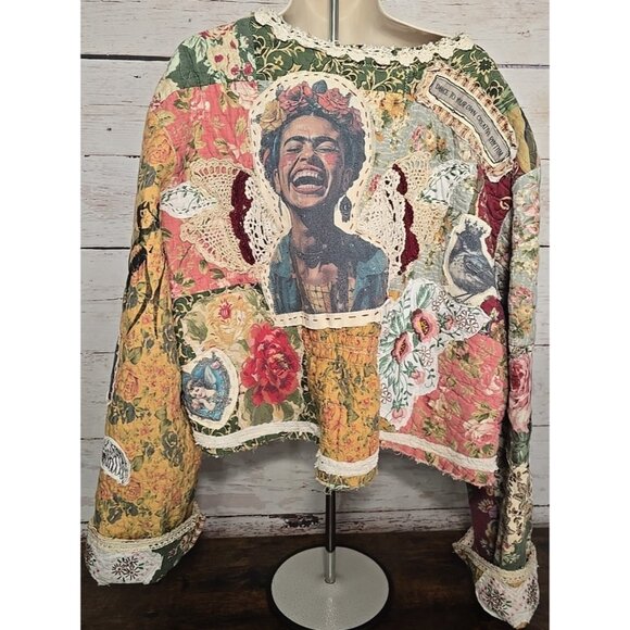 OOAK Magnolia Boho Quilted Jacket Frida Cat Bird Gypsy Patchwork Vtg INDIE sz XL - Picture 1 of 16